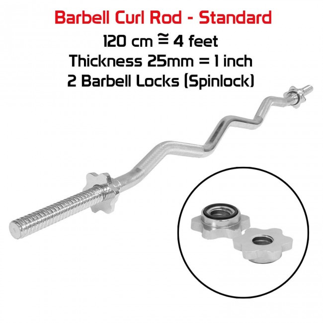 FITSY 4 Feet Standard EZ Curl Barbell Rod with Spinlocks - 25 mm (Imported)