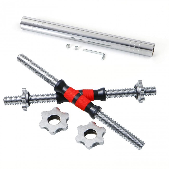 FITSY Chrome Metal Fiber Grip Threaded Dumbbell Rods with Locks & Connecting Rod - 16 Inches