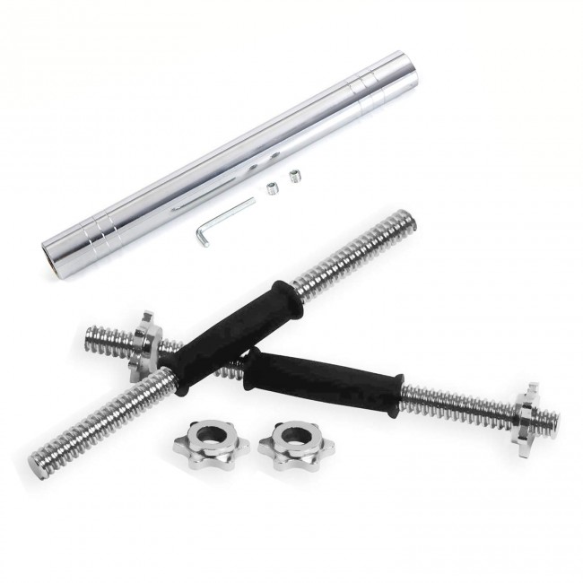 FITSY Chrome Metal Rubberized Grip Threaded Dumbbell Rods with Locks & Connecting Rod - 16 Inches