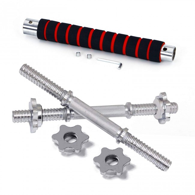 FITSY Chrome Metal Threaded Dumbbell Rods with Locks & Foam Padded Connecting Rod - 16 Inches
