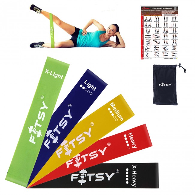 FITSY 12 Inch Exercise Resistance Loop Bands - Set of 5 With Carry Pouch