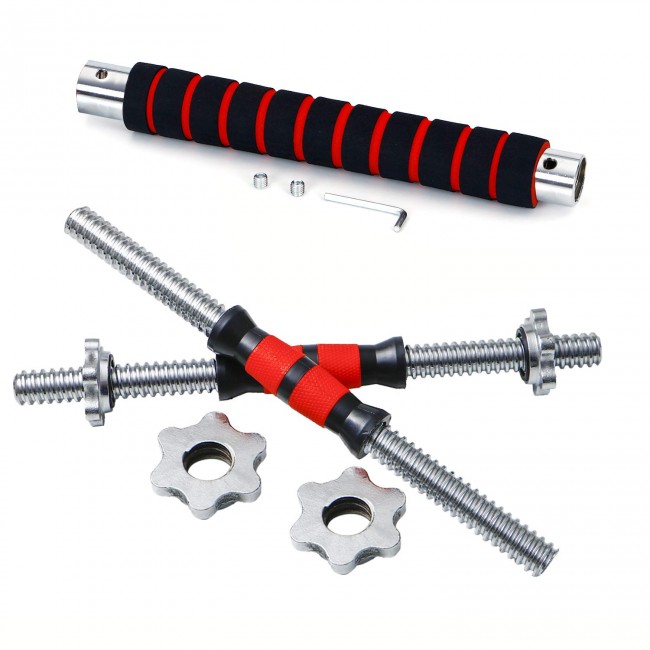FITSY Chrome Metal Fiber Grip Threaded Dumbbell Rods with Locks & Foam Padded Connecting Rod - 16 Inches