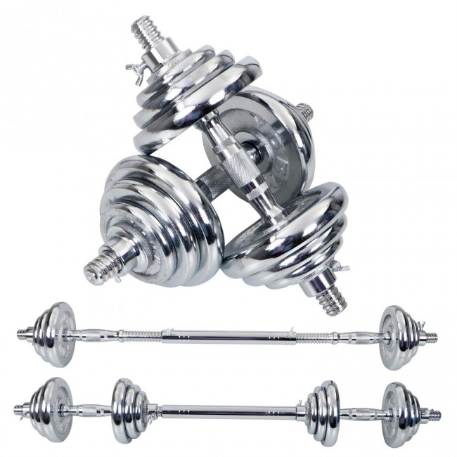 FITSY Adjustable Chrome Plated Iron Dumbbell Set with Extension Barbell Rod - 20 kg